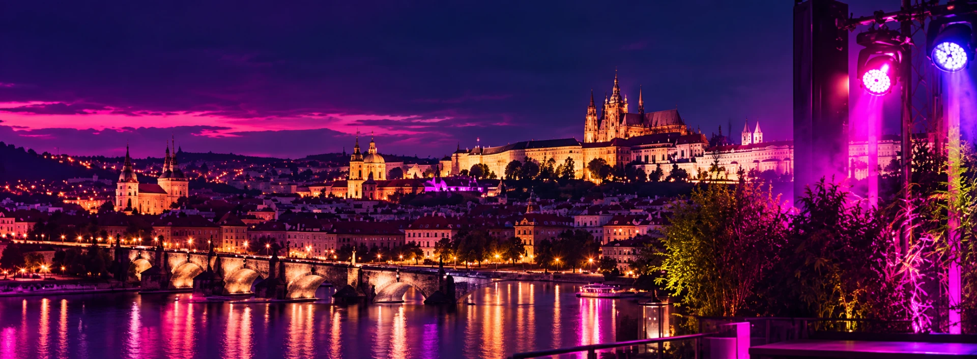 Praha v noci s Karlovým mostem, Pražským hradem a barevnými světly